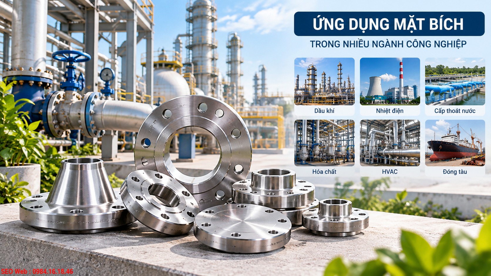 Các ứng dụng phổ biến của mặt bích trong ngành công nghiệp Mặt bích được ứng dụng rộng rãi trong nhiều hệ thống công nghiệp