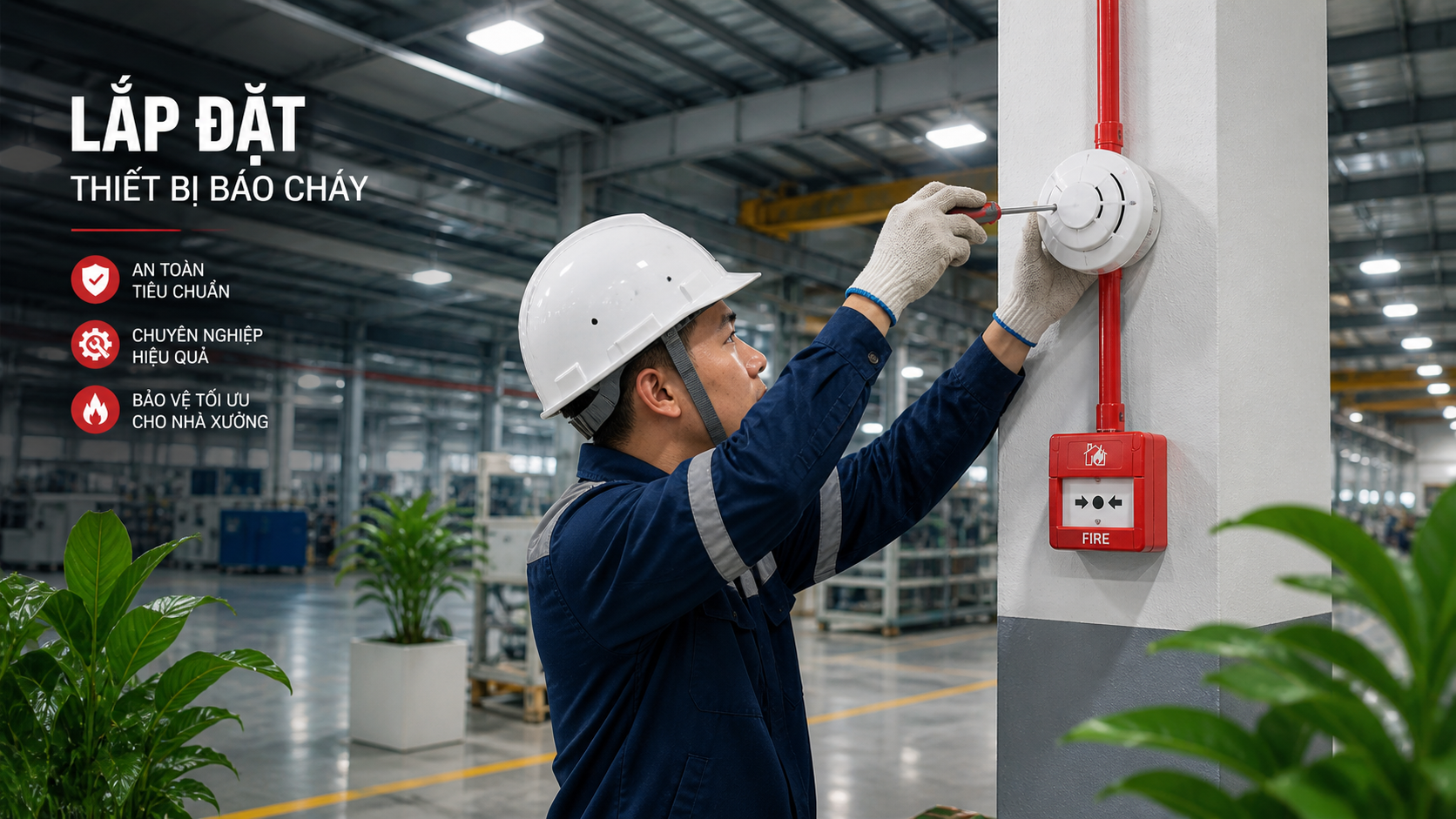 công nhân cty PCCC Hoàng Nhật Hưng lắp đặt thiết bị báo cháy cho nhà xưởng