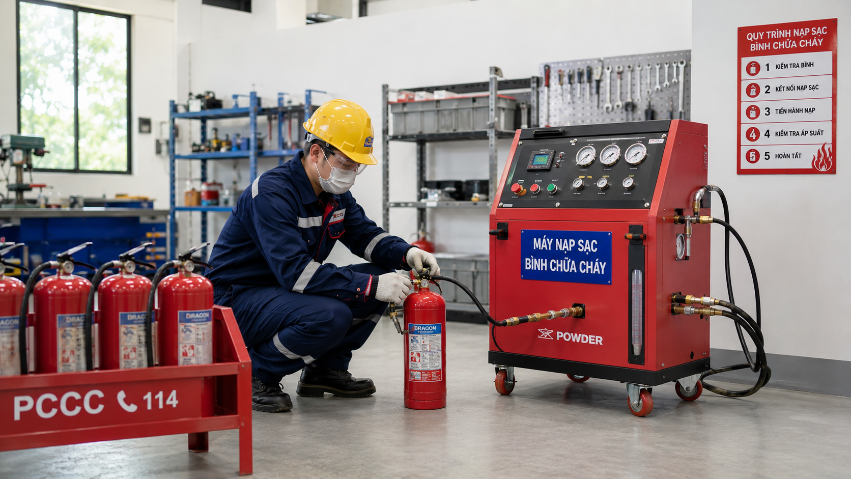Nạp sạc bình chữa cháy khi áp suất giảm