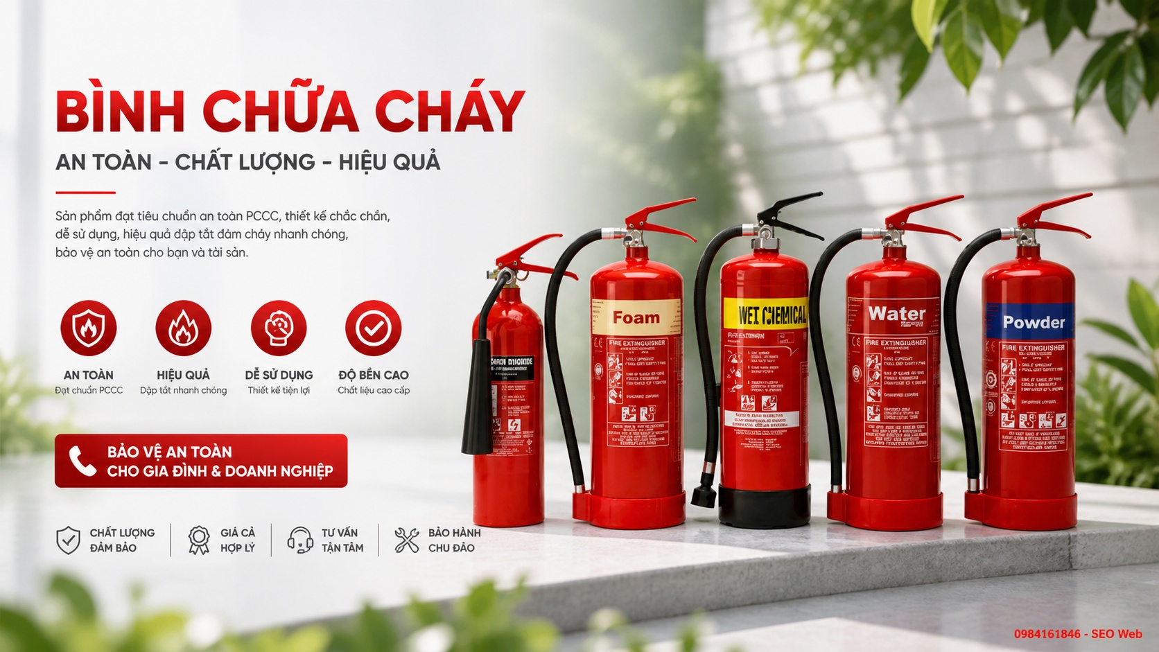 Các loại bình chữa cháy bột, CO2, foam và gốc nước phổ biến
