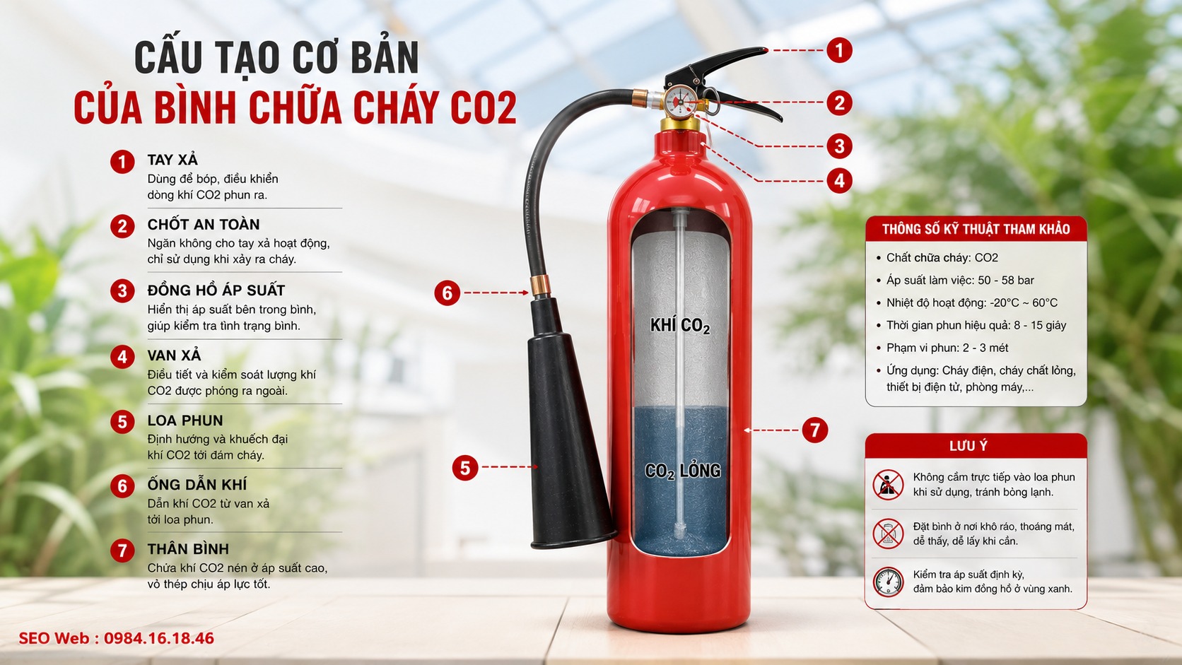 Cấu tạo cơ bản của bình chữa cháy CO2 gồm thân bình van và loa phun