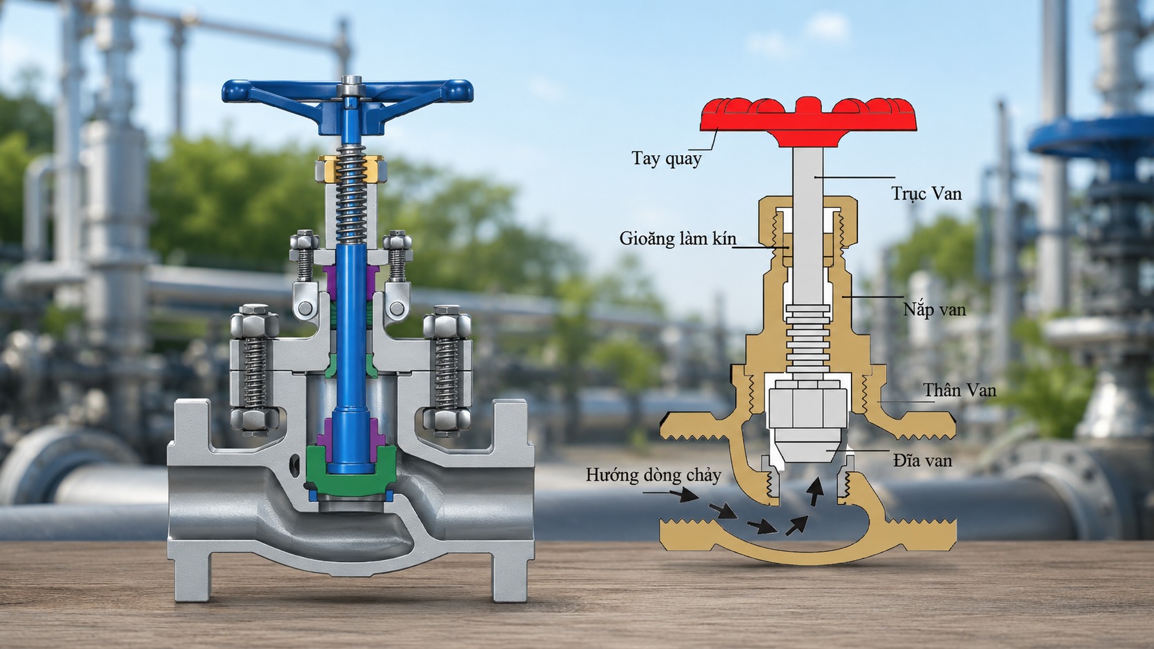Cấu tạo van công nghiệp gồm thân van, đĩa van, trục van và bộ truyền động.