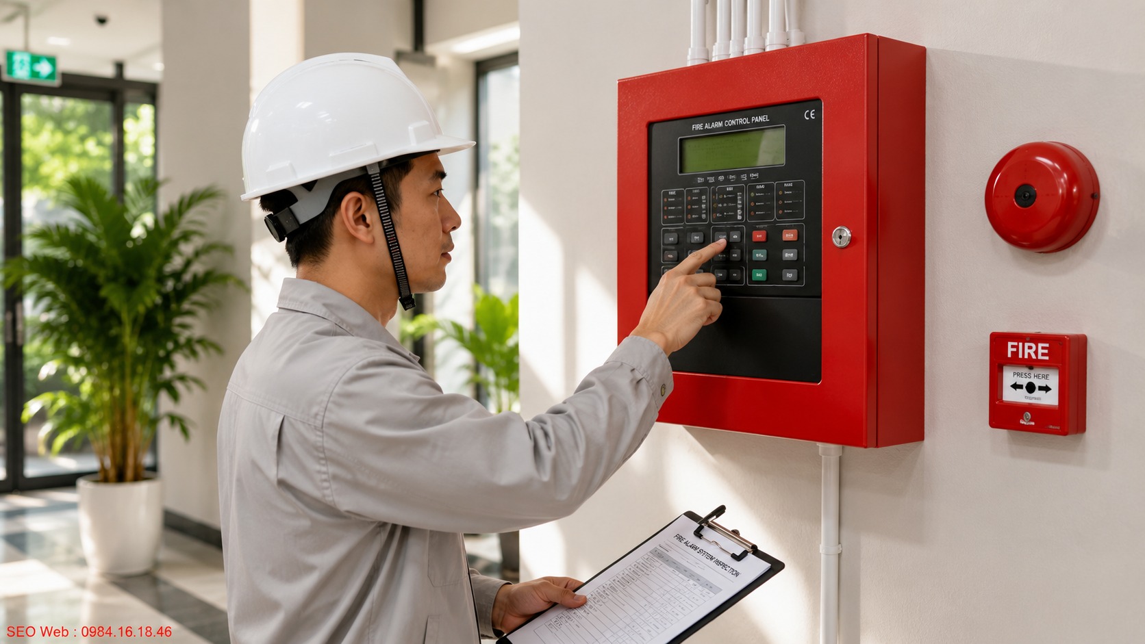 Đánh giá trung tâm báo cháy trước khi bảo trì toàn hệ thống Kỹ thuật viên kiểm tra trung tâm báo cháy tại công trình
