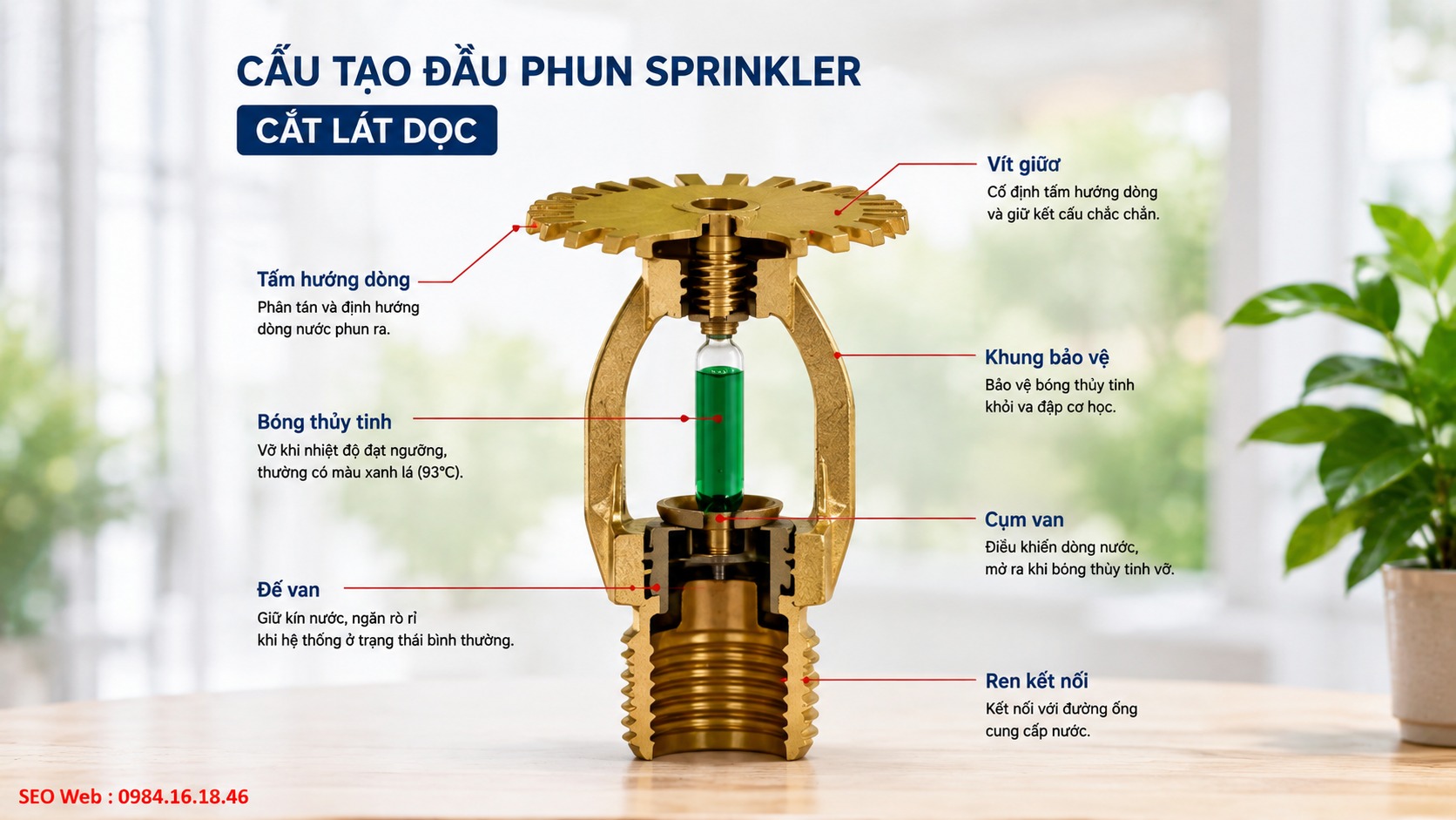 Nguyên lý bóng thủy tinh kích hoạt đầu phun khi nhiệt tăng Bóng thủy tinh cảm nhận nhiệt độ của đầu phun Sprinkler