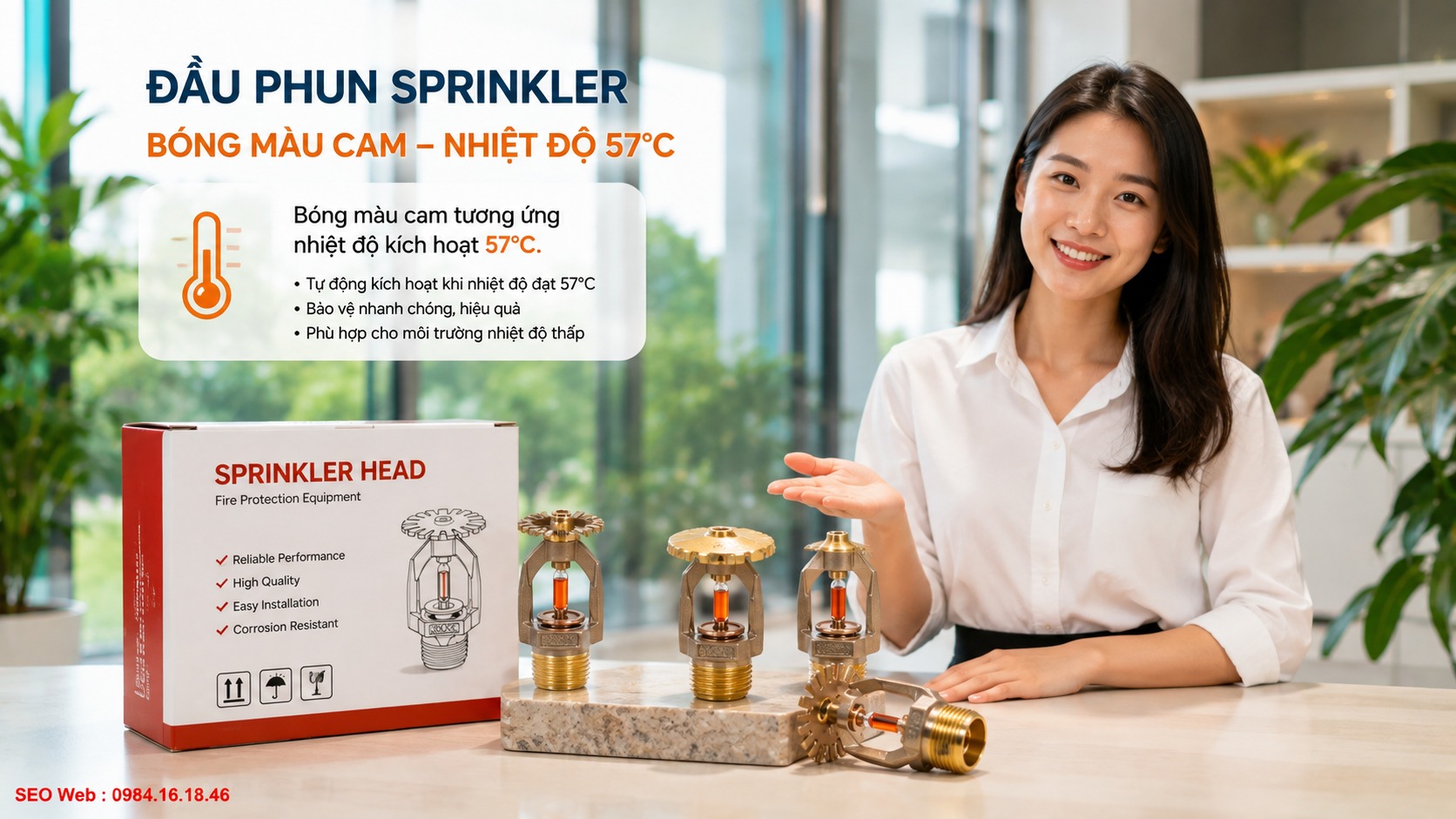 Nhận biết đầu phun Sprinkler sử dụng bóng cảm nhiệt màu cam Bóng thủy tinh màu cam của đầu phun Sprinkler kích hoạt khoảng 57°C