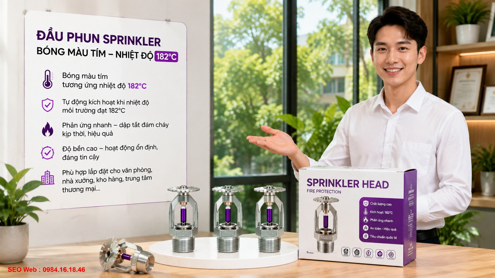 Đặc điểm bóng tím và mức nhiệt kích hoạt trên đầu phun Bóng thủy tinh màu tím của đầu phun Sprinkler có ngưỡng khoảng 182°C