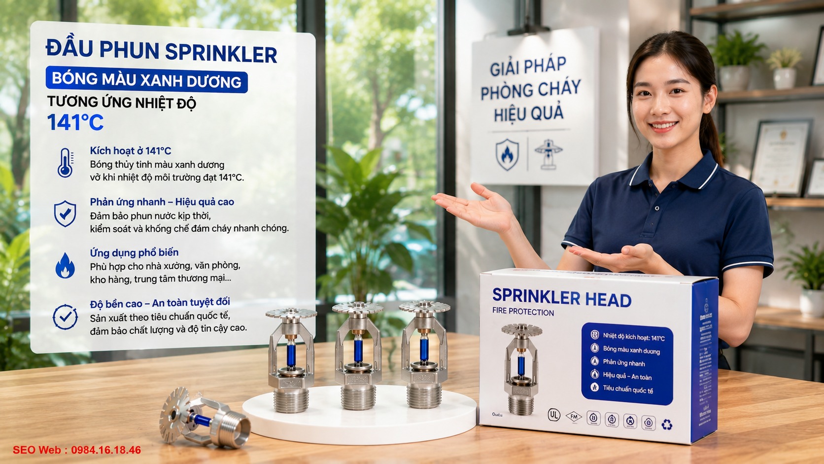 Nhận diện bóng xanh dương 141°C trên đầu phun chữa cháy Bóng thủy tinh xanh dương trên đầu phun Sprinkler kích hoạt khoảng 141°C