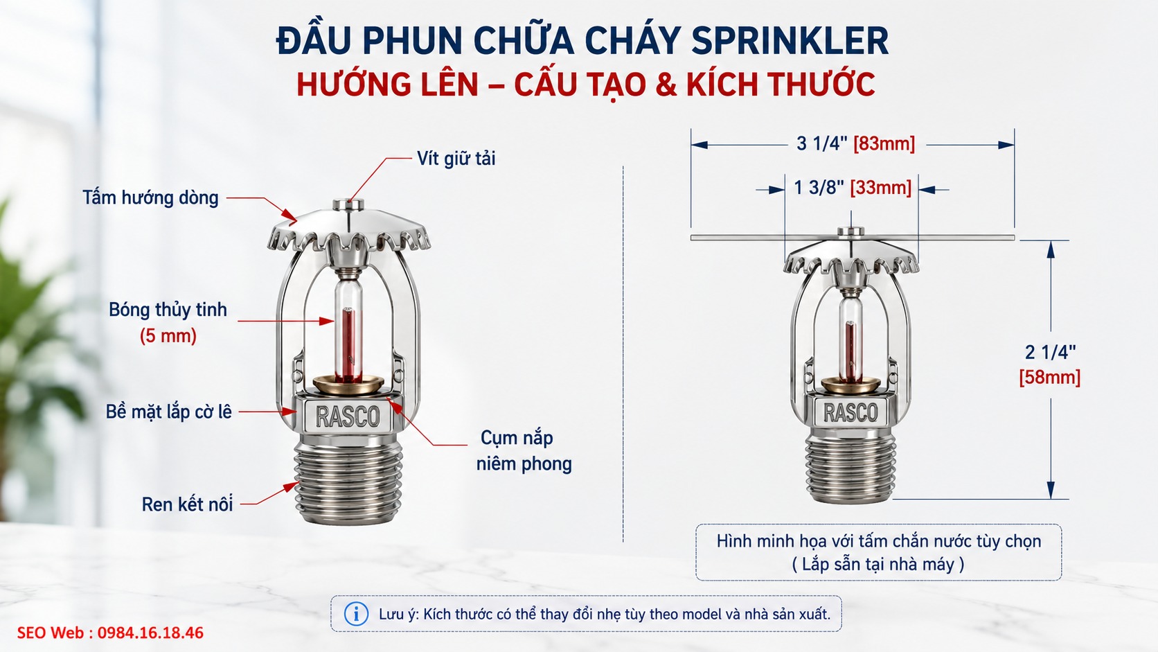 Cấu tạo đầu phun Sprinkler Reliable với khung kim loại và bộ phận cảm nhiệt