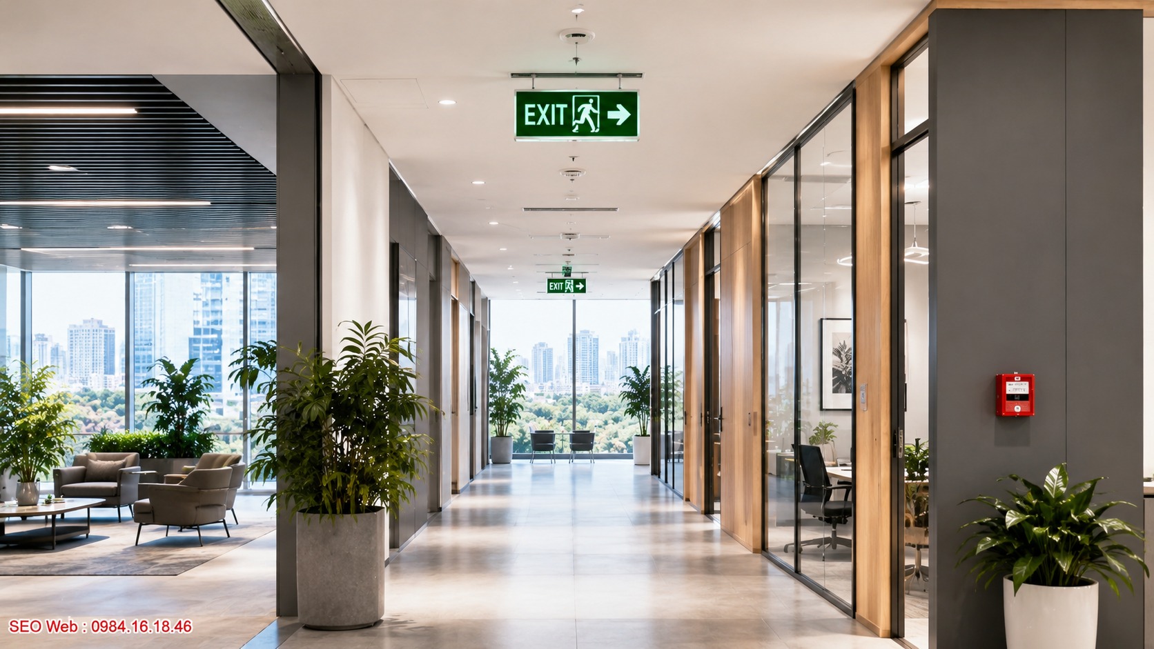 Bố trí đèn exit phù hợp hành lang và lối thoát văn phòng Đèn exit cho tòa nhà văn phòng và tuyến thoát hiểm