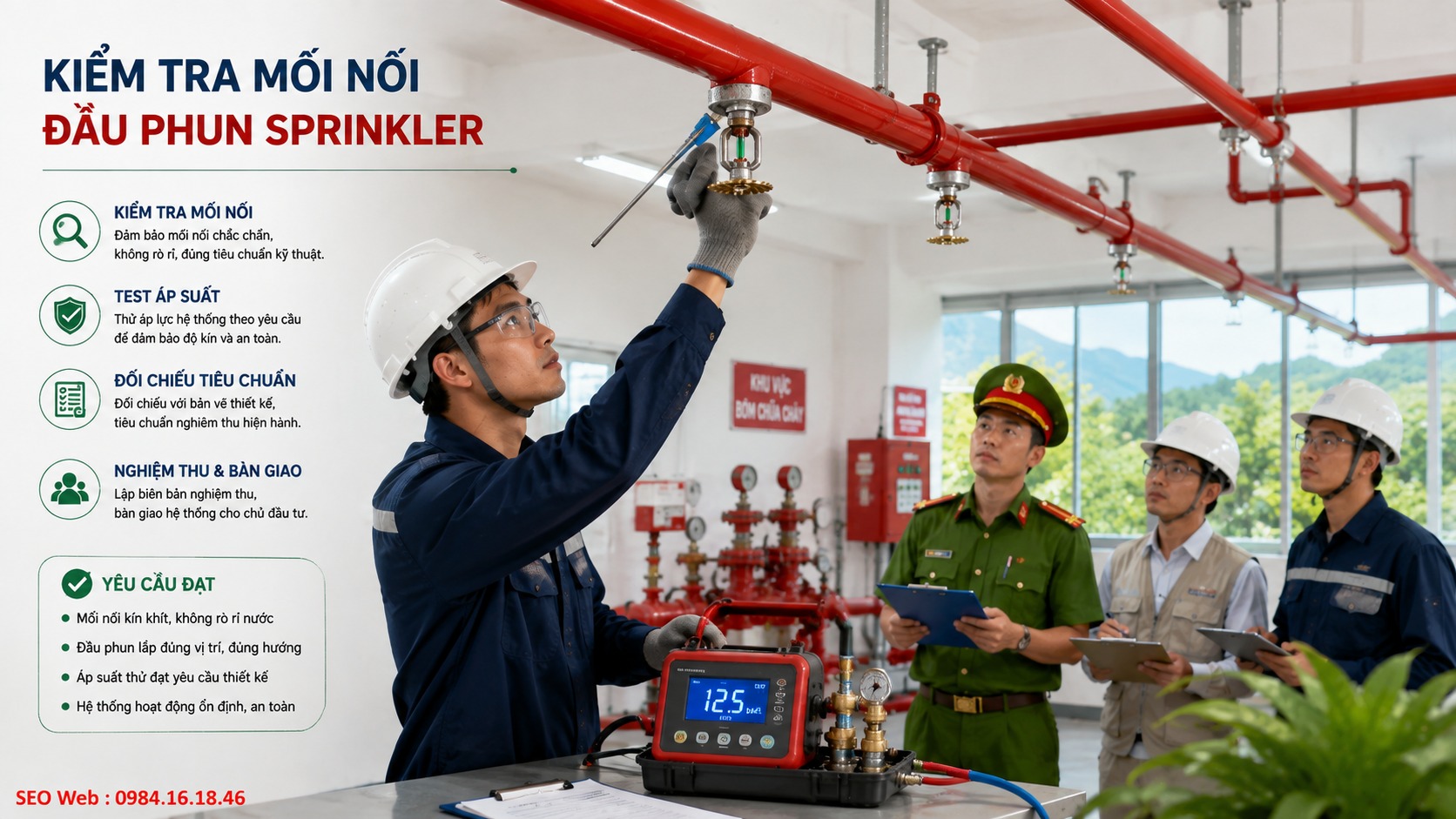 Kiểm tra rò rỉ tại các vị trí kết nối Sprinkler Kiểm tra độ kín các mối nối hệ thống Sprinkler nhằm phát hiện rò rỉ trước nghiệm thu