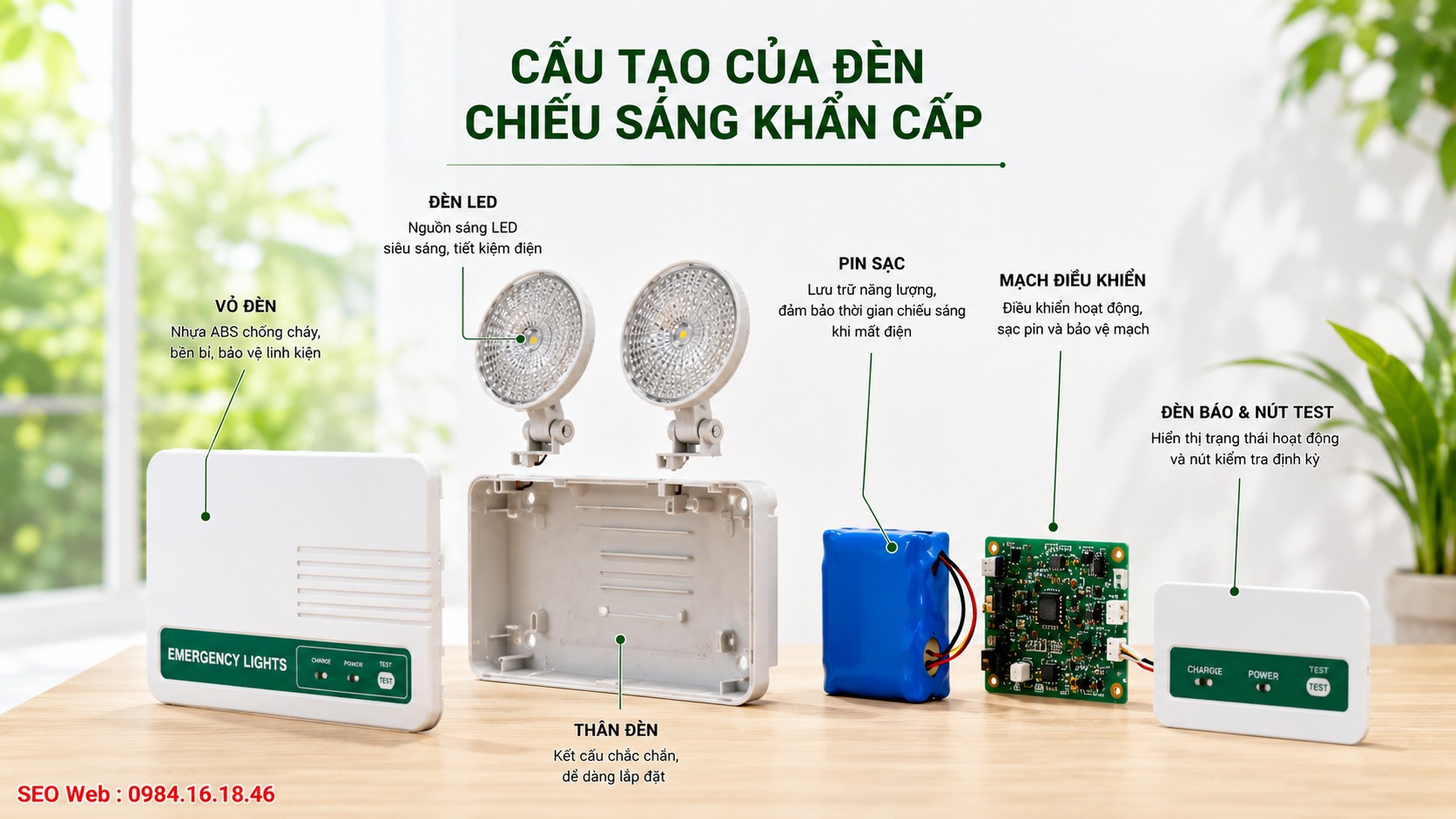 Đèn sự cố gồm pin, LED, mạch điều khiển và bộ sạc
