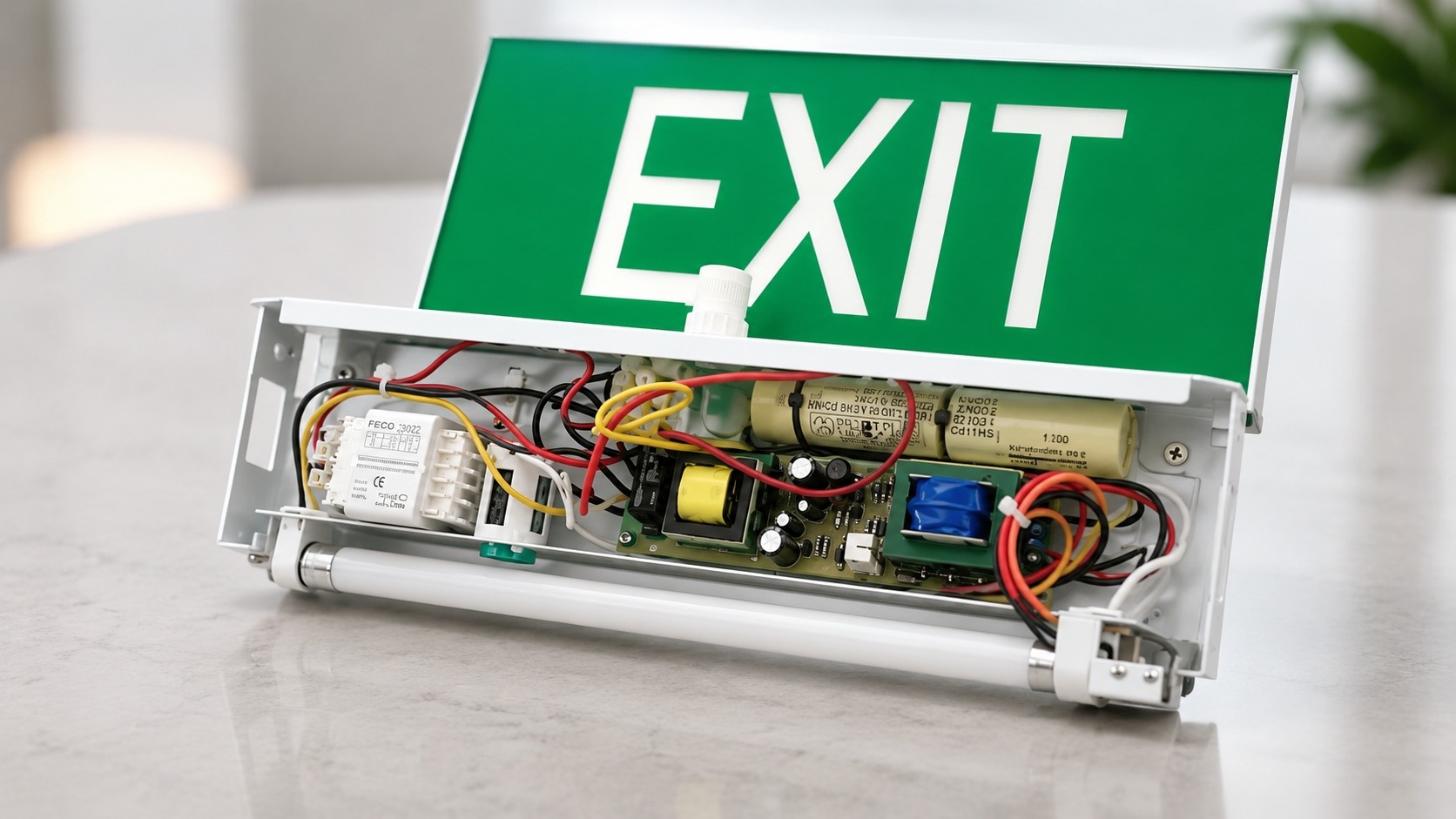 Cấu tạo đèn exit gồm bảng hiển thị, pin dự phòng, mạch điều khiển và đèn LED
