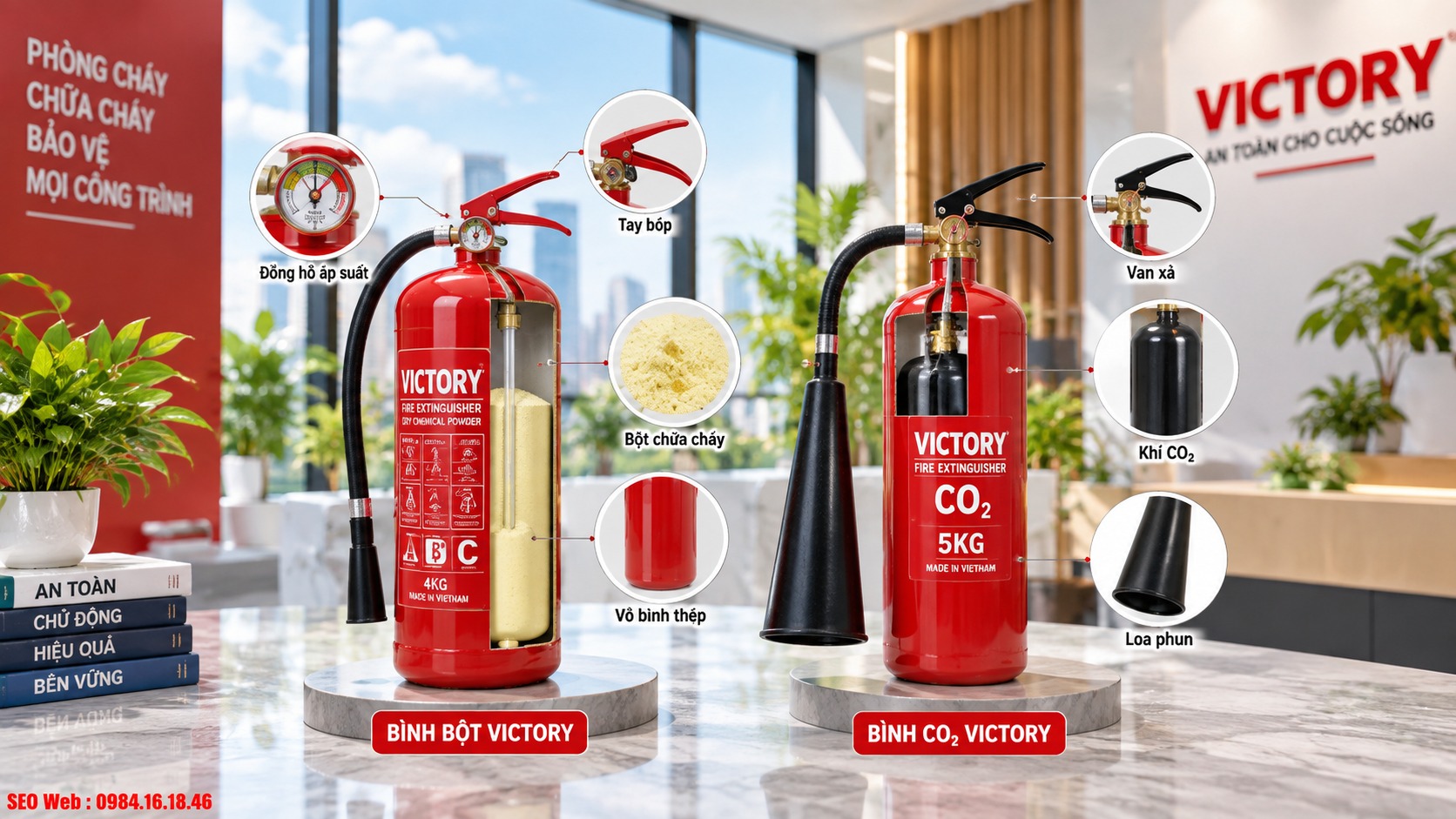 Các bộ phận phối hợp giúp bình Victory phun chất chữa cháy hiệu quả