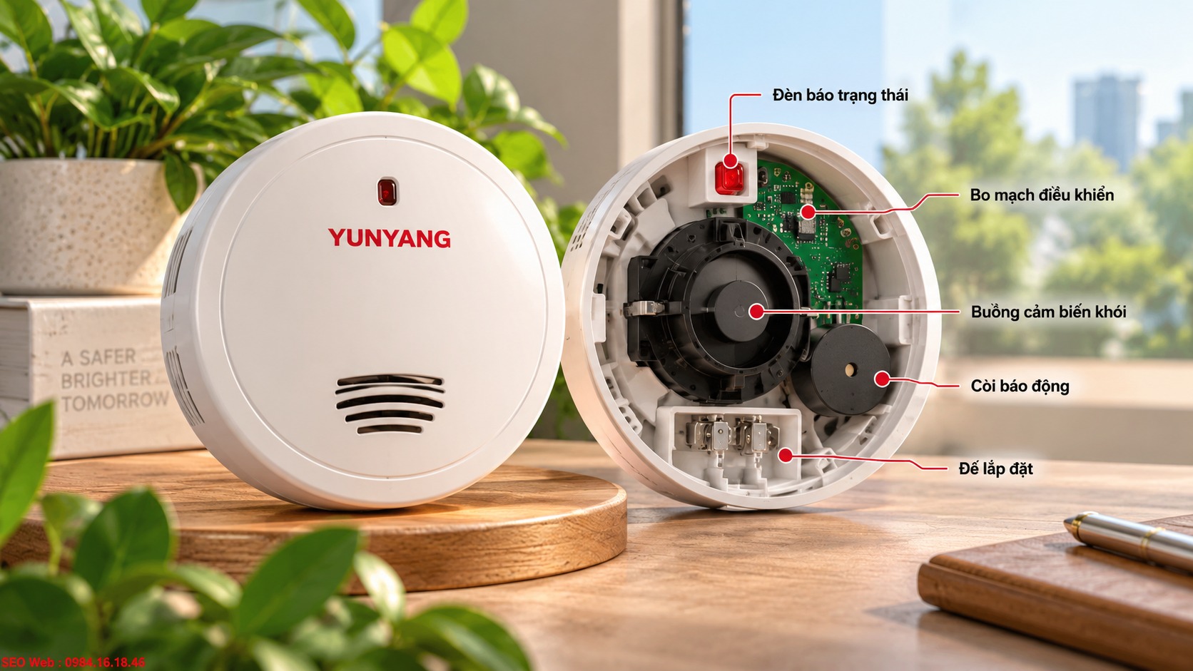Cấu tạo thiết bị báo cháy Yunyang gồm trung tâm, đầu báo, chuông và nút nhấn