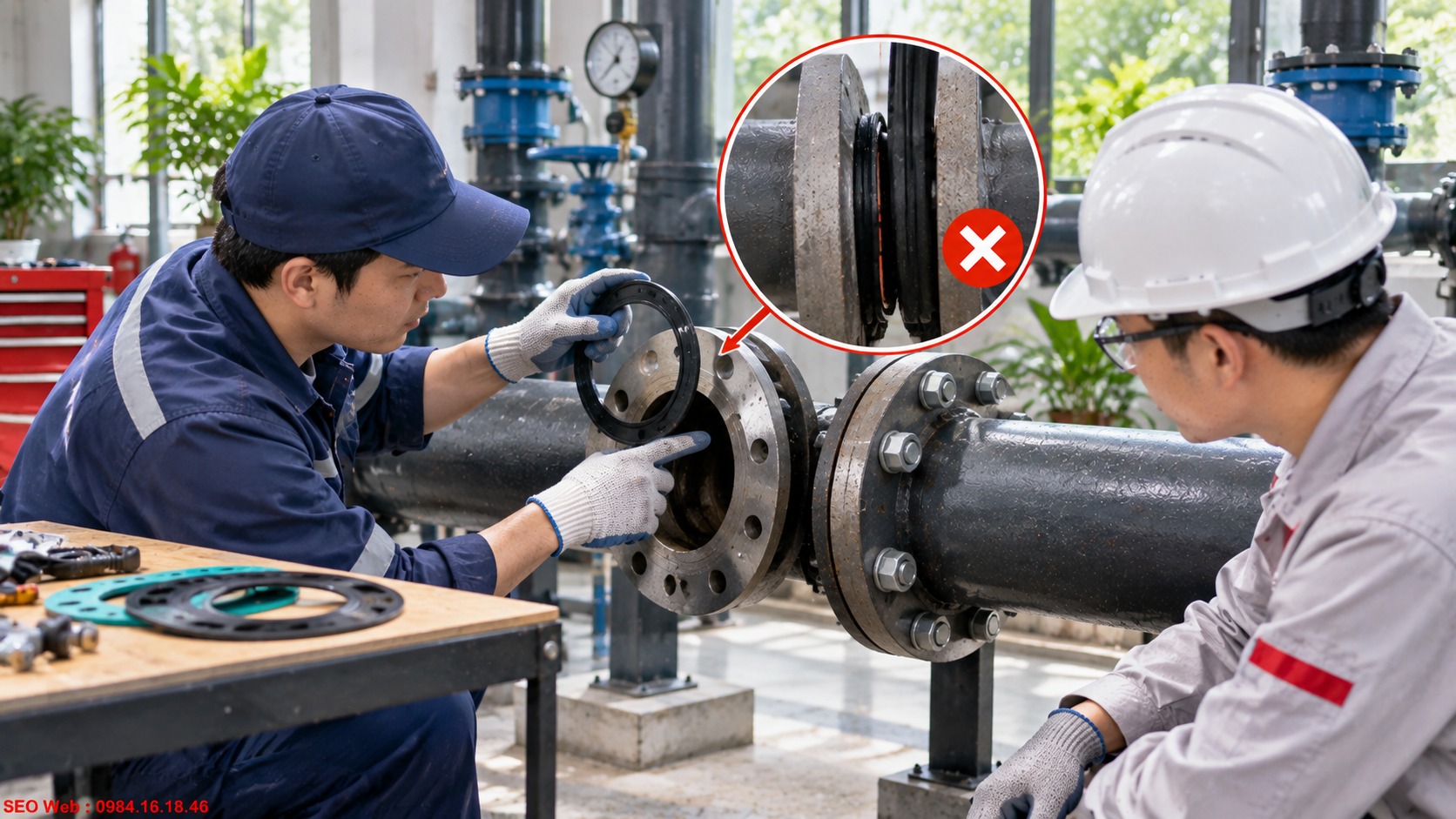 Gioăng mặt bích lắp sai vị trí dễ biến dạng và gây rò rỉ đường ống