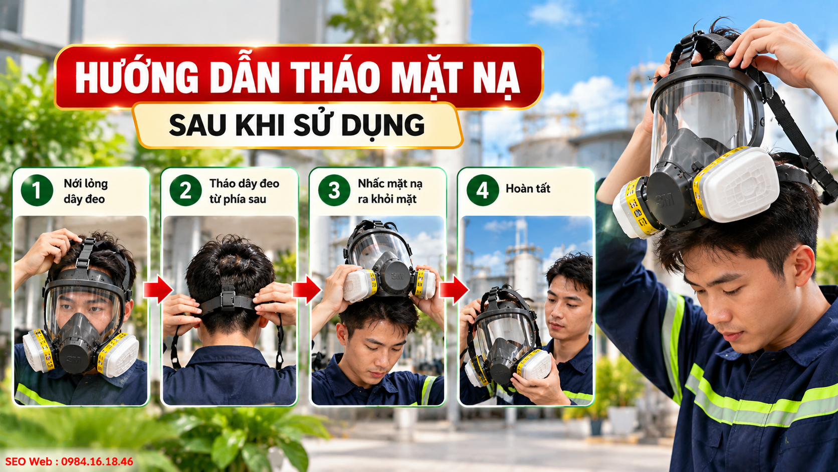Tháo mặt nạ đúng cách giúp hạn chế tiếp xúc chất độc còn lại