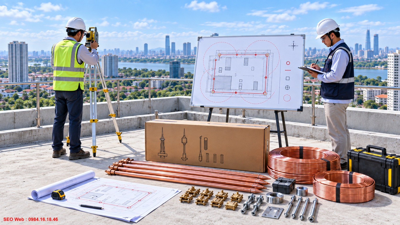 Kỹ thuật viên khảo sát vị trí lắp đặt kim thu sét trên công trình