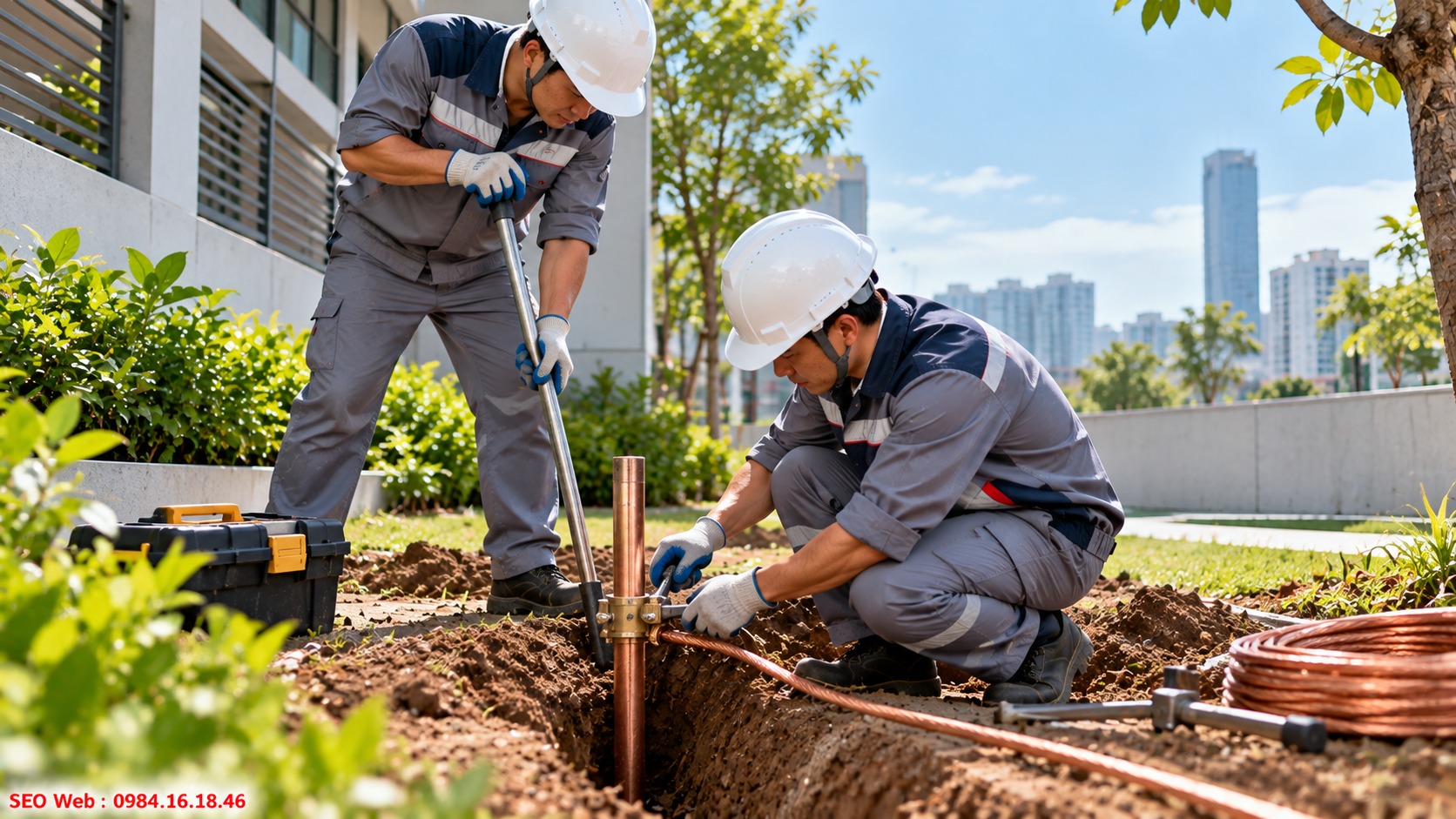 Thi công cọc cùng dây tiếp địa tạo đường dẫn sét ổn định Cọc và dây được liên kết chắc chắn để truyền dòng xuống đất