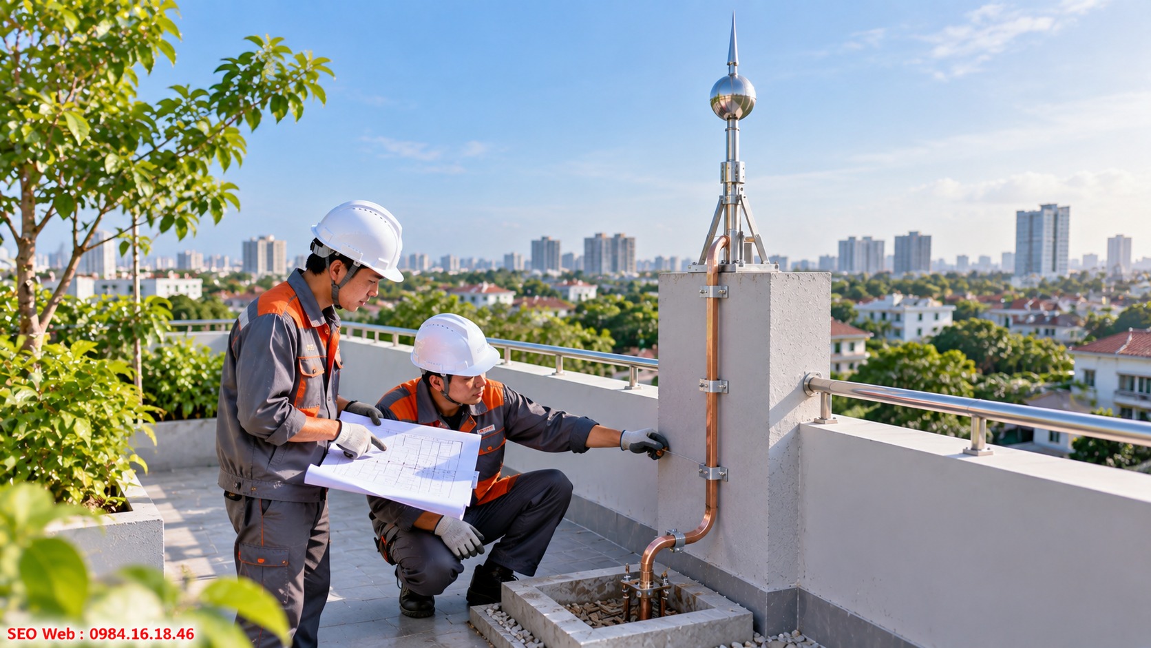 Bố trí dây dẫn sét an toàn từ mái xuống hệ thống tiếp địa Tuyến dây ngắn và ít uốn giúp dòng sét truyền thuận lợi
