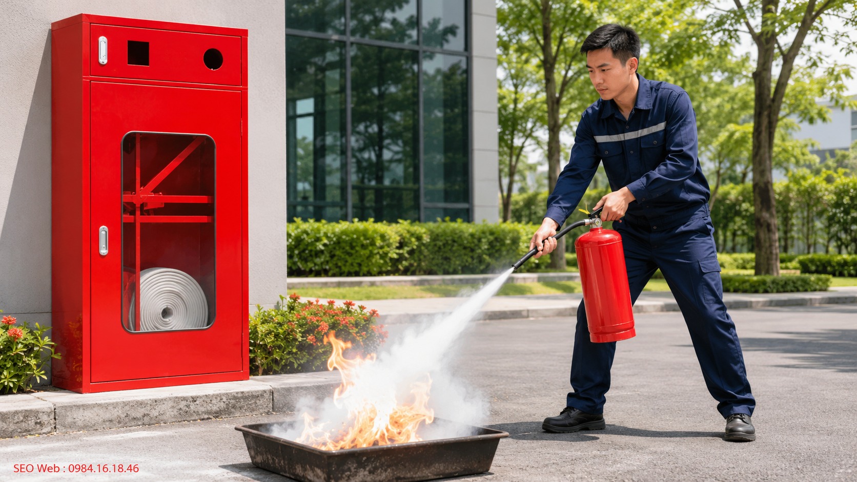 Người dùng thao tác tủ chữa cháy đúng cách trong tình huống khẩn cấp