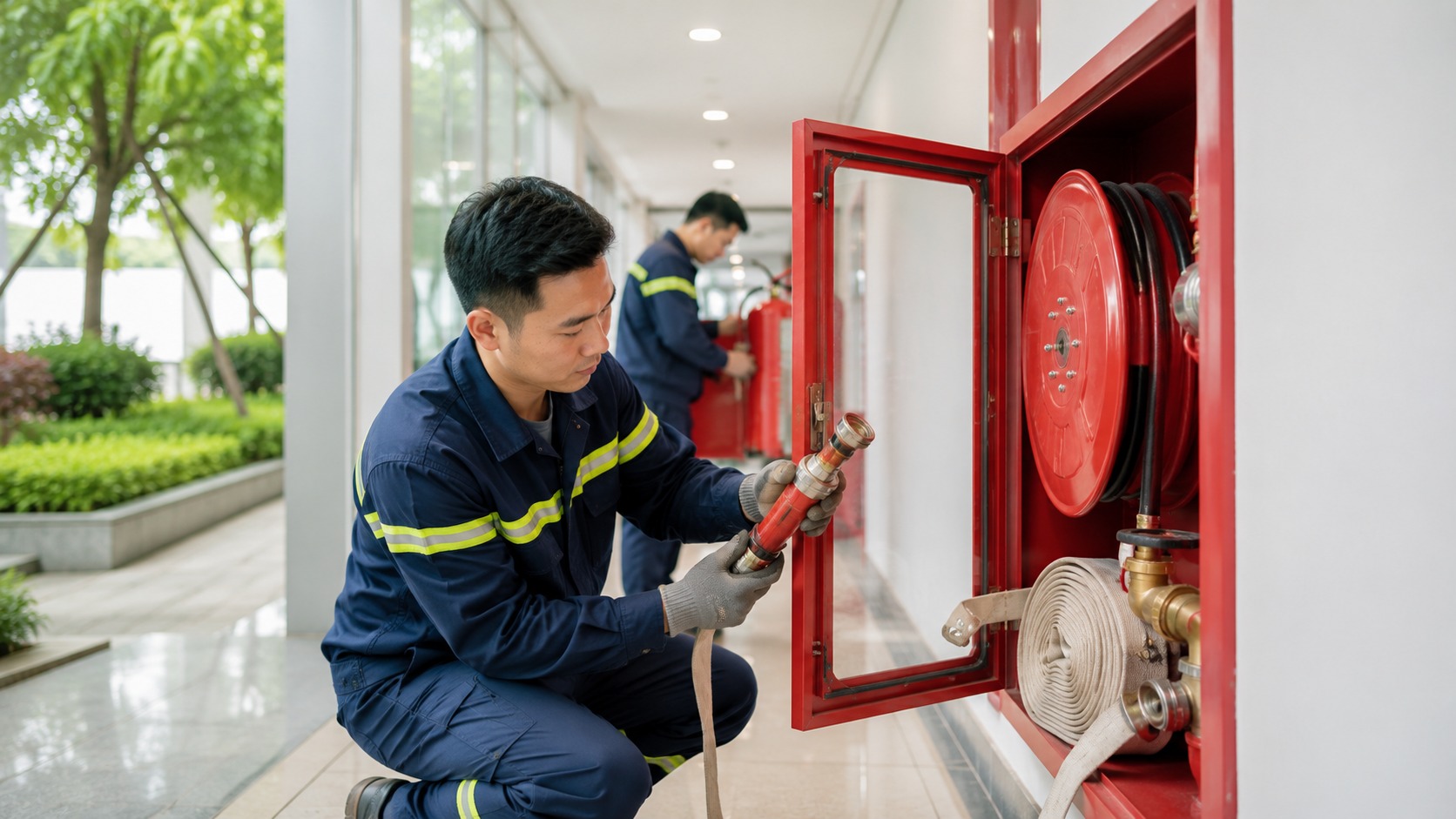 Kiểm tra thiết bị trước khi vận hành tủ chữa cháy tại công trình